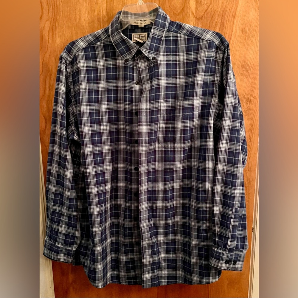 L.L. Bean Classic Blue White plaid button down shirt Office Casual Large Tall